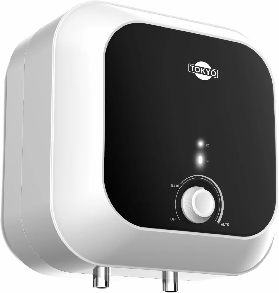 Termocalefón Tokyo blanco con panel negro, dos indicadores luminosos, perilla de ajuste y conexiones inferiores - Vista 2