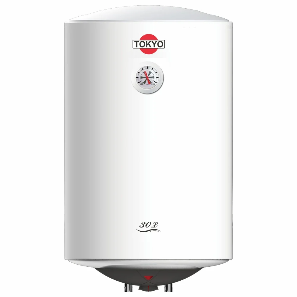 Termotanque Tokyo blanco vertical de 30 litros, con indicador frontal LOW/HIGH y conexiones inferiores.
