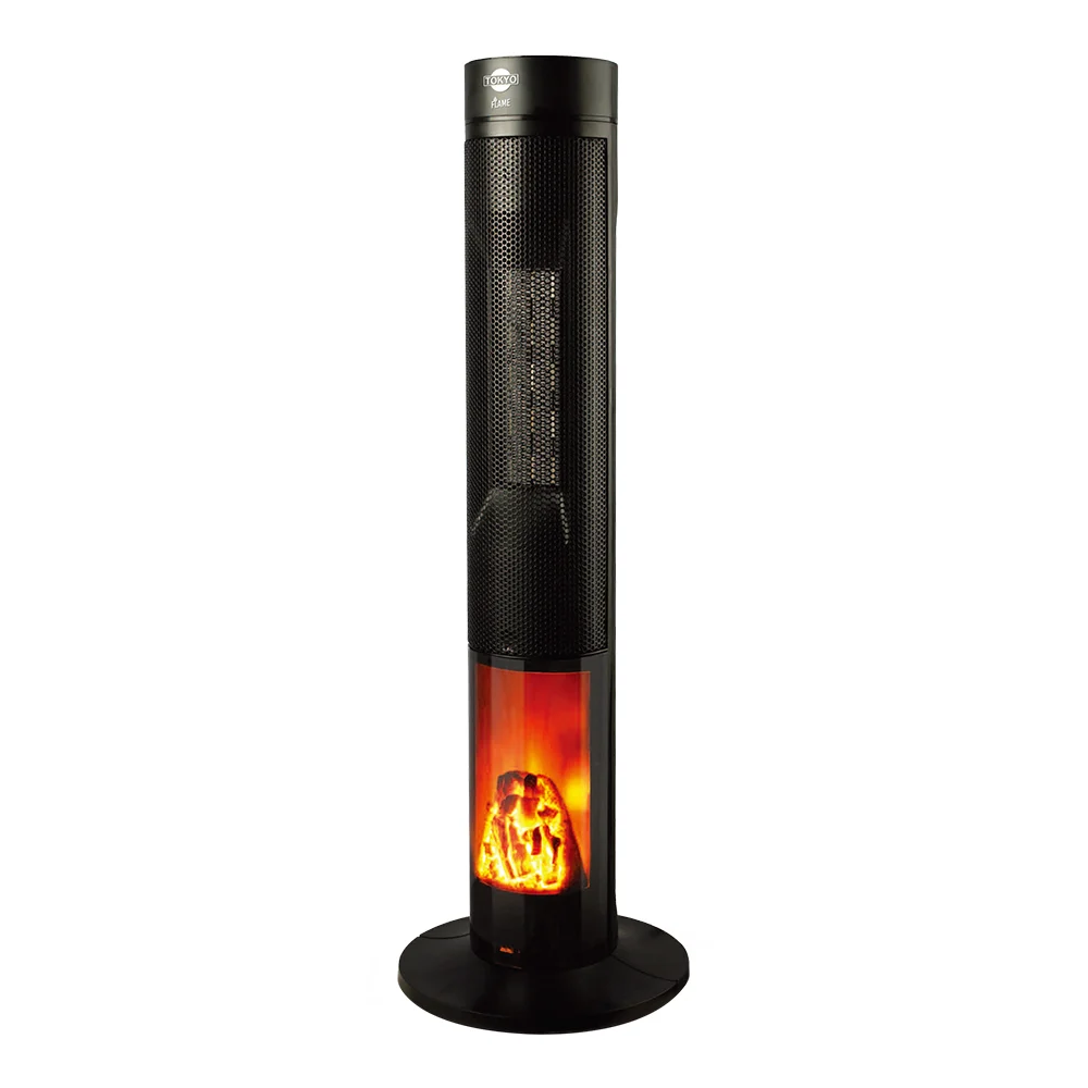 Estufa negra Tokyo Flame de torre con rejilla frontal superior, base circular y panel inferior iluminado con efecto de llamas.