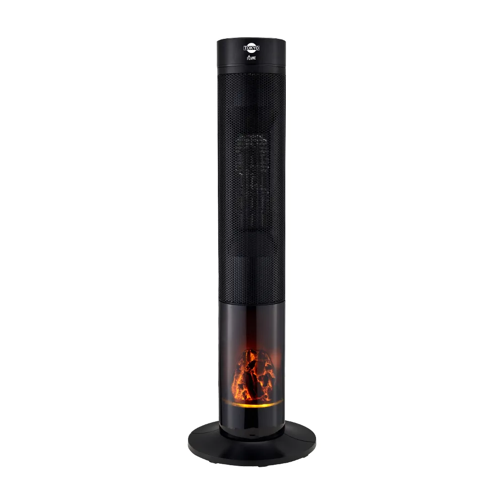 Estufa negra Tokyo Flame de torre con rejilla frontal superior, base circular y panel inferior iluminado con efecto de llamas. - Vista 2