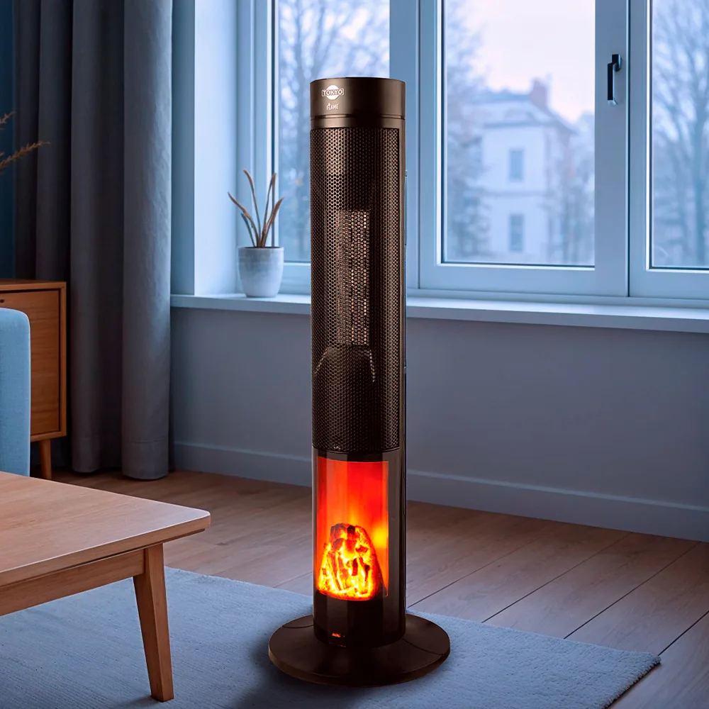 Estufa negra Tokyo Flame de torre con rejilla frontal superior, base circular y panel inferior iluminado con efecto de llamas. - Vista 3