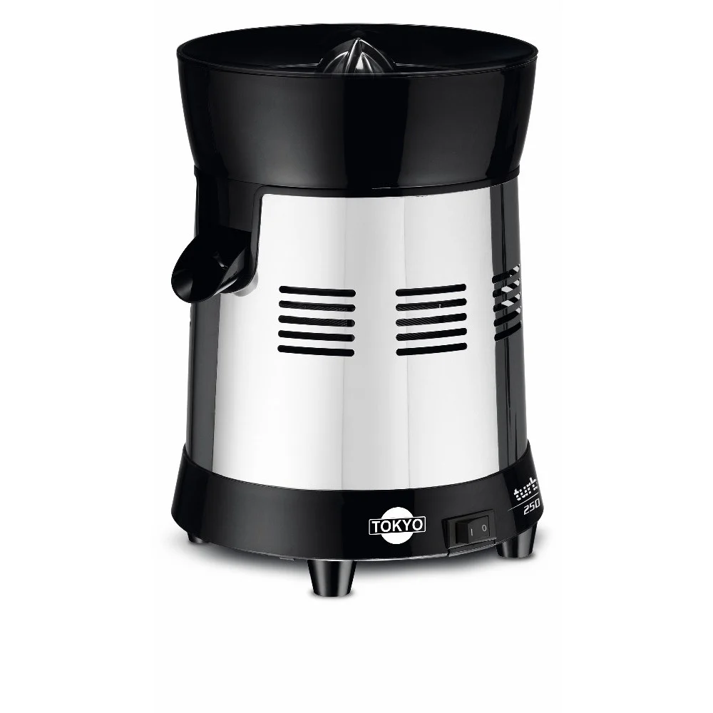 Exprimidor TOKYO de cuerpo plateado y negro, con cono exprimidor, pico vertedor e interruptor frontal.