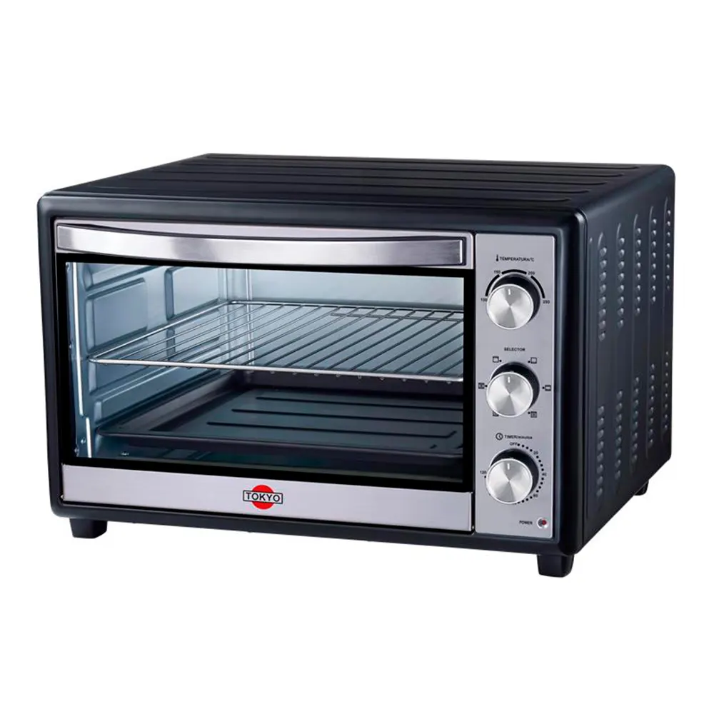 Horno eléctrico negro con puerta de vidrio, manija plateada y tres perillas de control frontales.