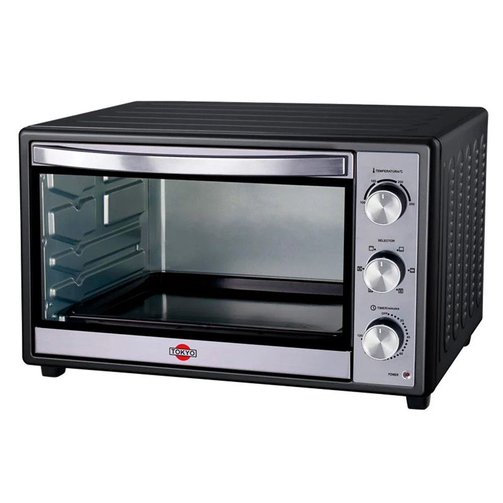 Horno eléctrico negro con puerta de vidrio, molduras plateadas, tres perillas y luz indicadora roja.