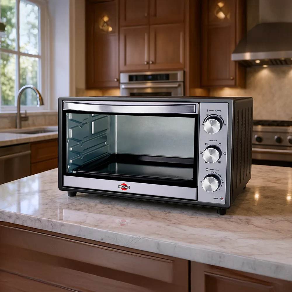 Horno eléctrico negro con puerta de vidrio, molduras plateadas, tres perillas y luz indicadora roja. - Vista 2