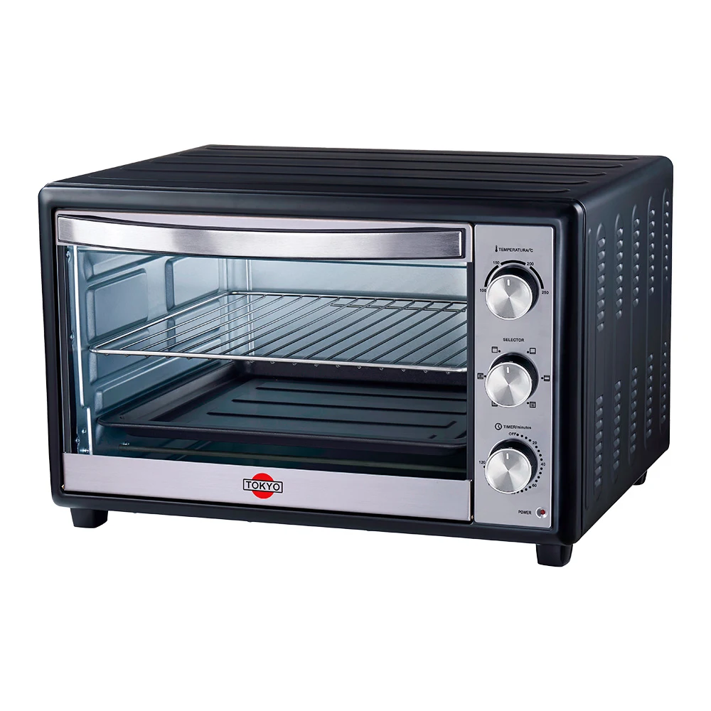 Horno eléctrico negro con puerta abatible de vidrio, tres perillas, luz indicadora, rejilla y bandeja.