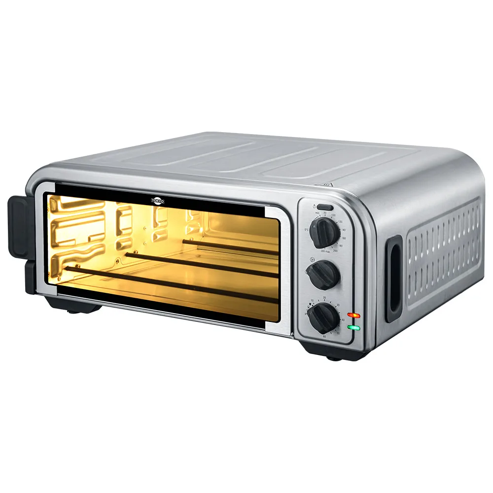 Horno eléctrico Tokyo plateado de sobremesa con puerta de vidrio abatible, cámara iluminada y tres perillas de control