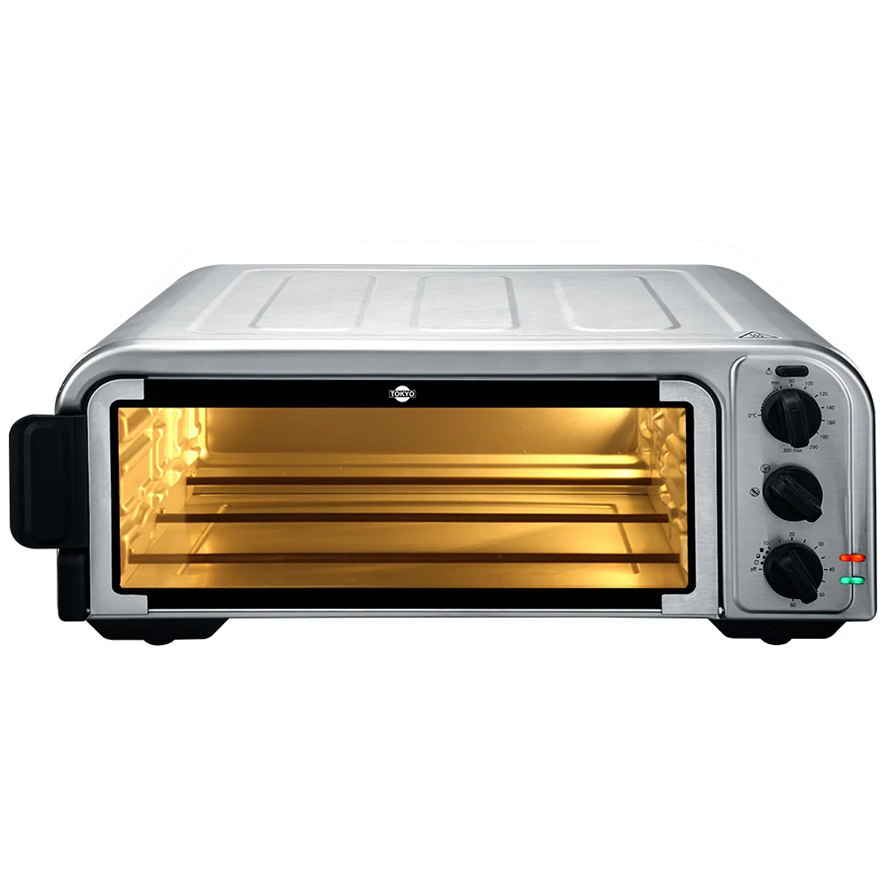 Horno eléctrico Tokyo plateado de sobremesa con puerta de vidrio abatible, cámara iluminada y tres perillas de control - Vista 2