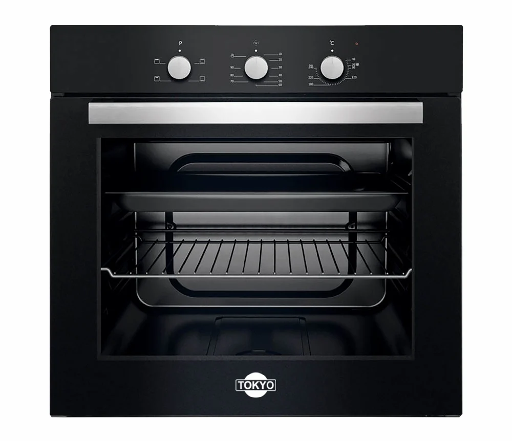 Horno empotrable Tokyo negro con puerta de vidrio, manija plateada y tres perillas de control.