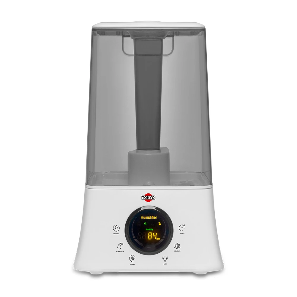 Humidificador Tokyo blanco con depósito transparente ahumado y panel digital circular que muestra la humedad