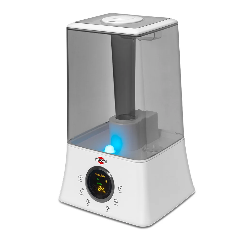 Humidificador Tokyo blanco con depósito transparente ahumado y panel digital circular que muestra la humedad - Vista 2