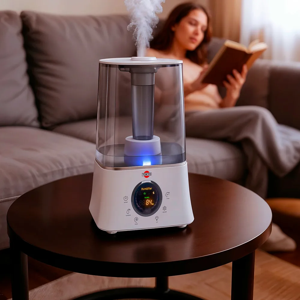 Humidificador Tokyo blanco con depósito transparente ahumado y panel digital circular que muestra la humedad - Vista 3