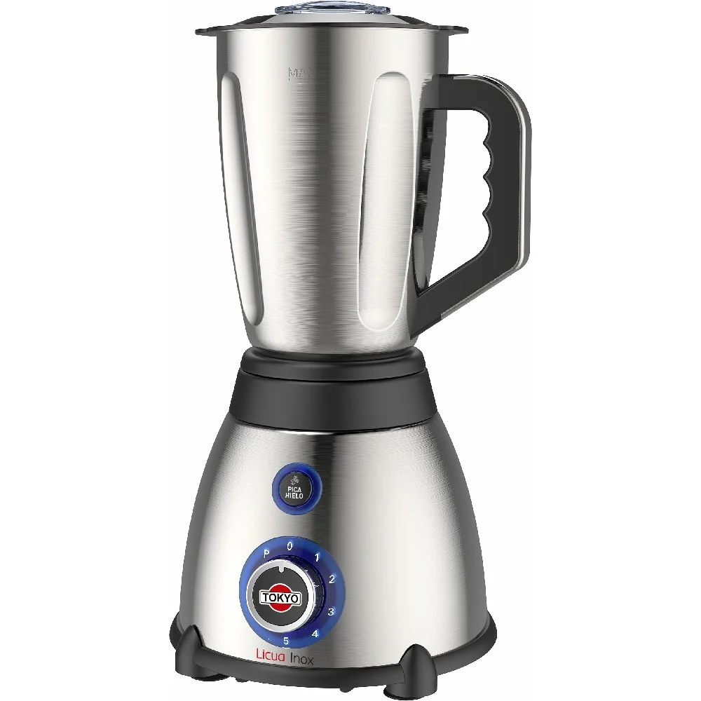 Licuadora Tokyo Licua Inox con jarra metálica, tapa negra, selector giratorio y botón para picar hielo.