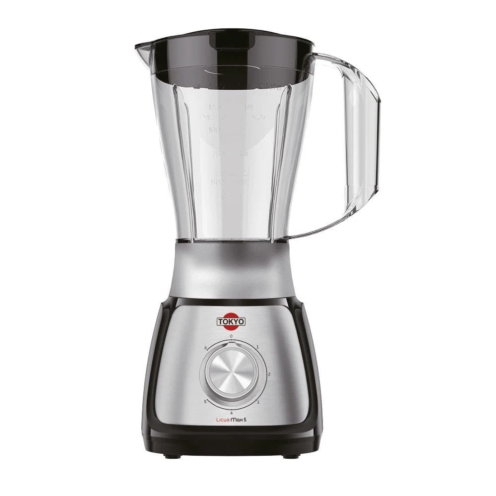 Licuadora Tokyo Licua Max 5 con jarra transparente de tapa oscura, base negra y plateada y selector frontal.