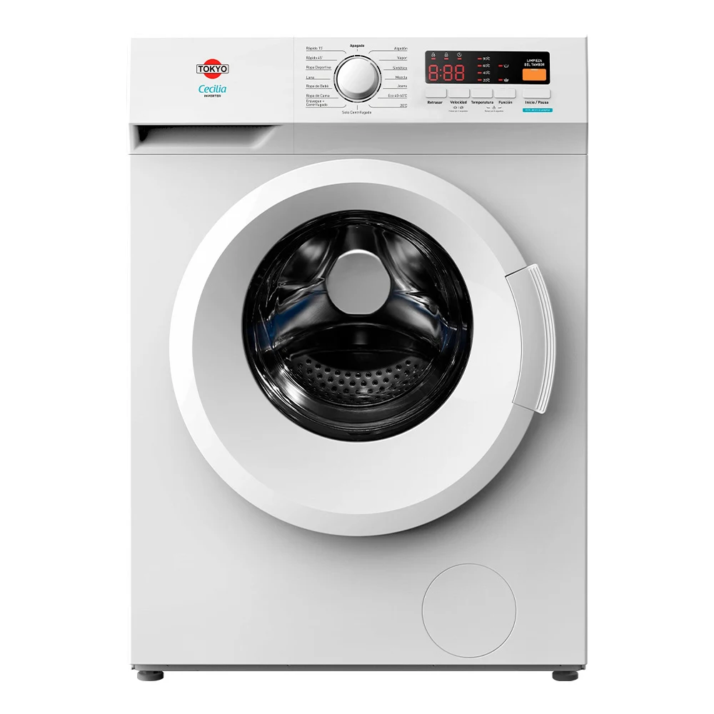 Lavarropas Tokyo Cecilia Inverter blanco de carga frontal, con puerta circular oscura, cajón superior y panel digital.