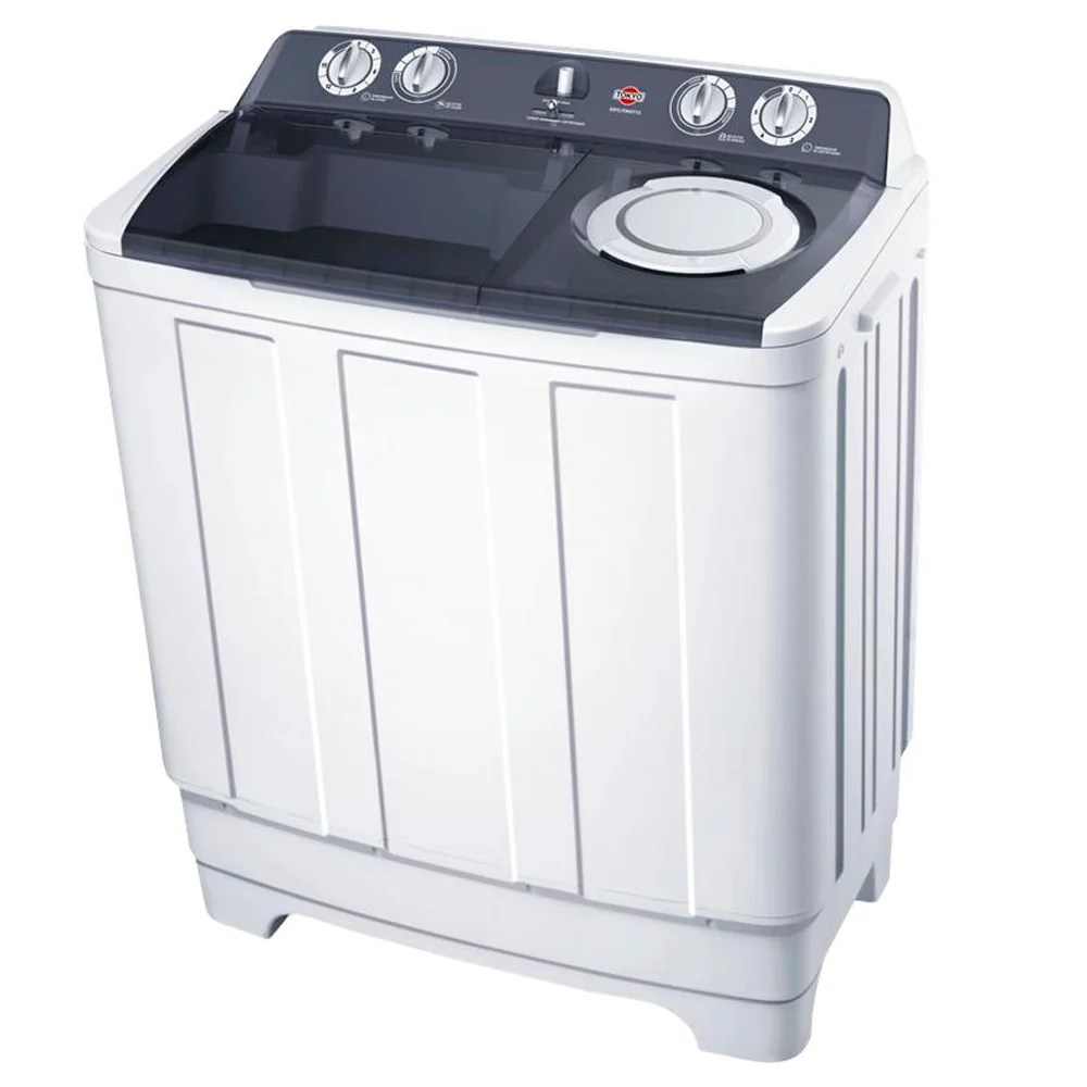 Lavarropas semiautomático Tokyo Facilita Duo blanco de carga superior, con dos tanques separados y panel oscuro.