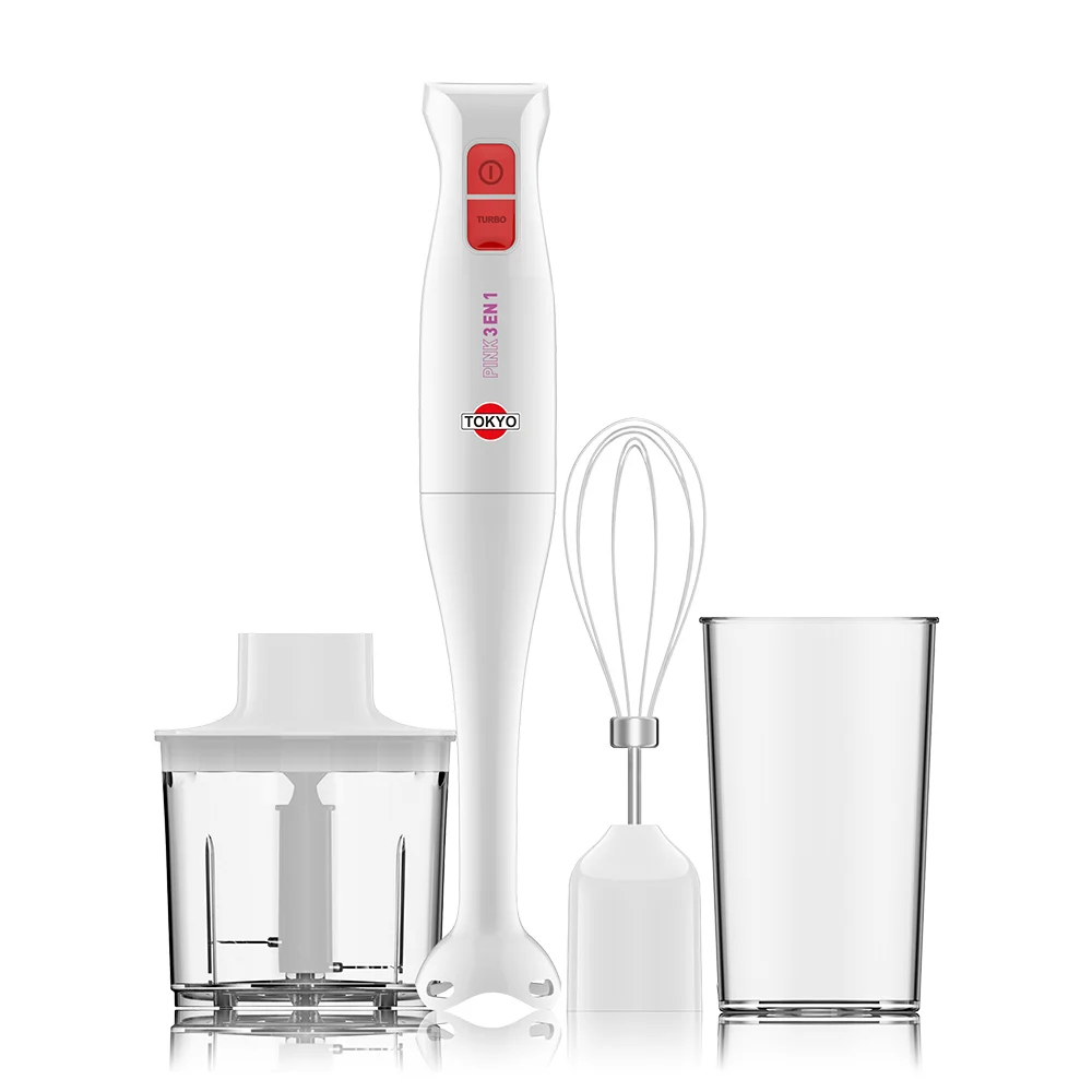 Set de mixer Tokyo blanco con detalles rojos, cuerpo motor de dos botones, pie de mezclado, batidor de varillas, picador con tapa y vaso alto.