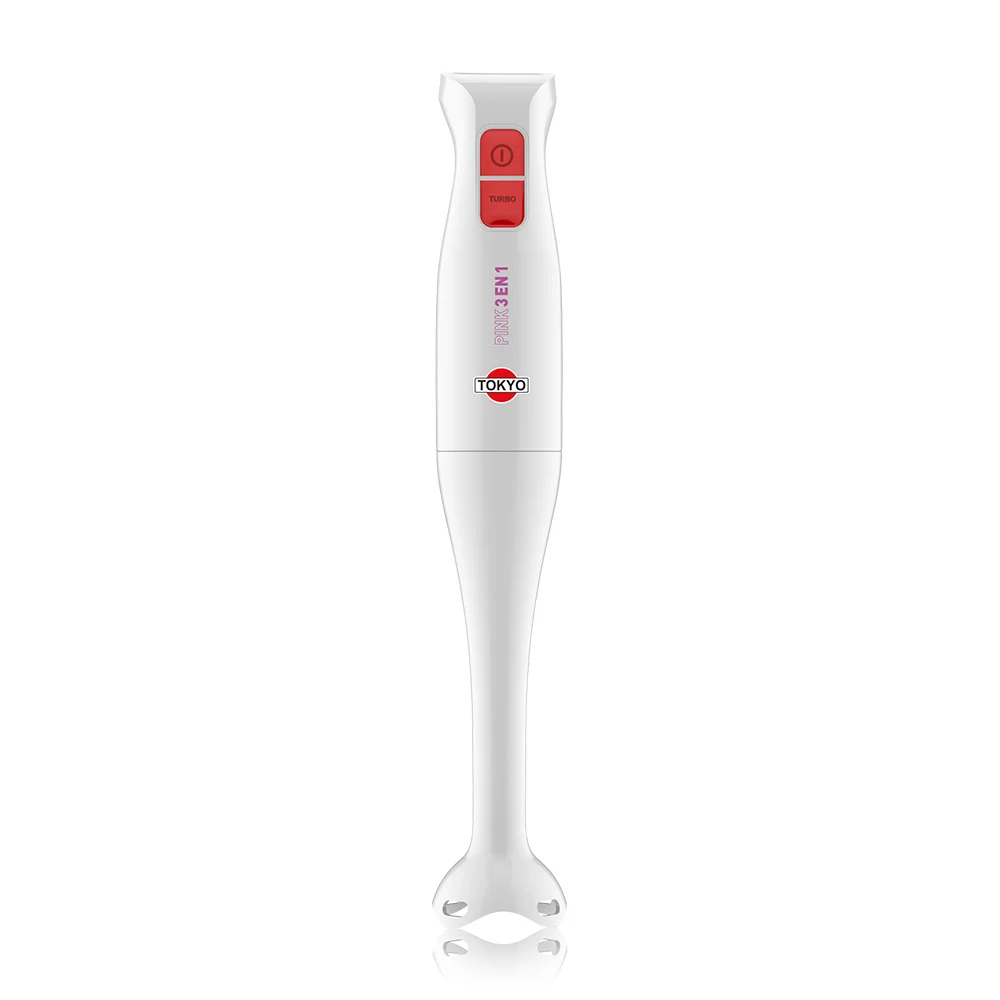 Set de mixer Tokyo blanco con detalles rojos, cuerpo motor de dos botones, pie de mezclado, batidor de varillas, picador con tapa y vaso alto. - Vista 2