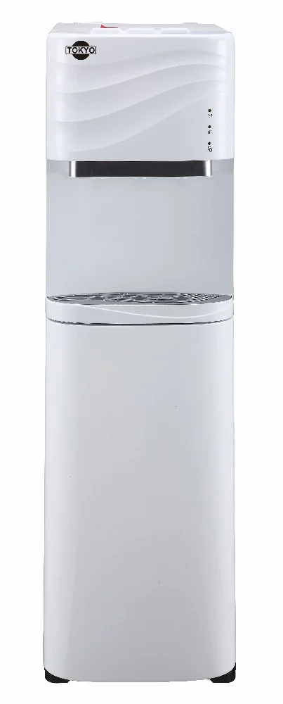 Bebedero Tokyo blanco con panel superior ondulado, indicadores laterales, salida de agua y bandeja recolectora metálica.