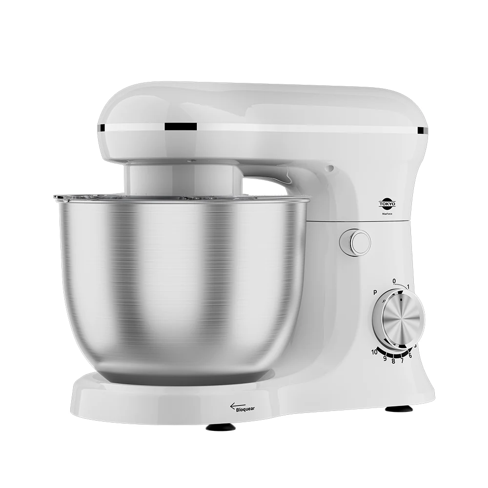 Batidora planetaria Tokyo MaxForce blanca con cabezal abatible, bowl metálico y controles frontales.