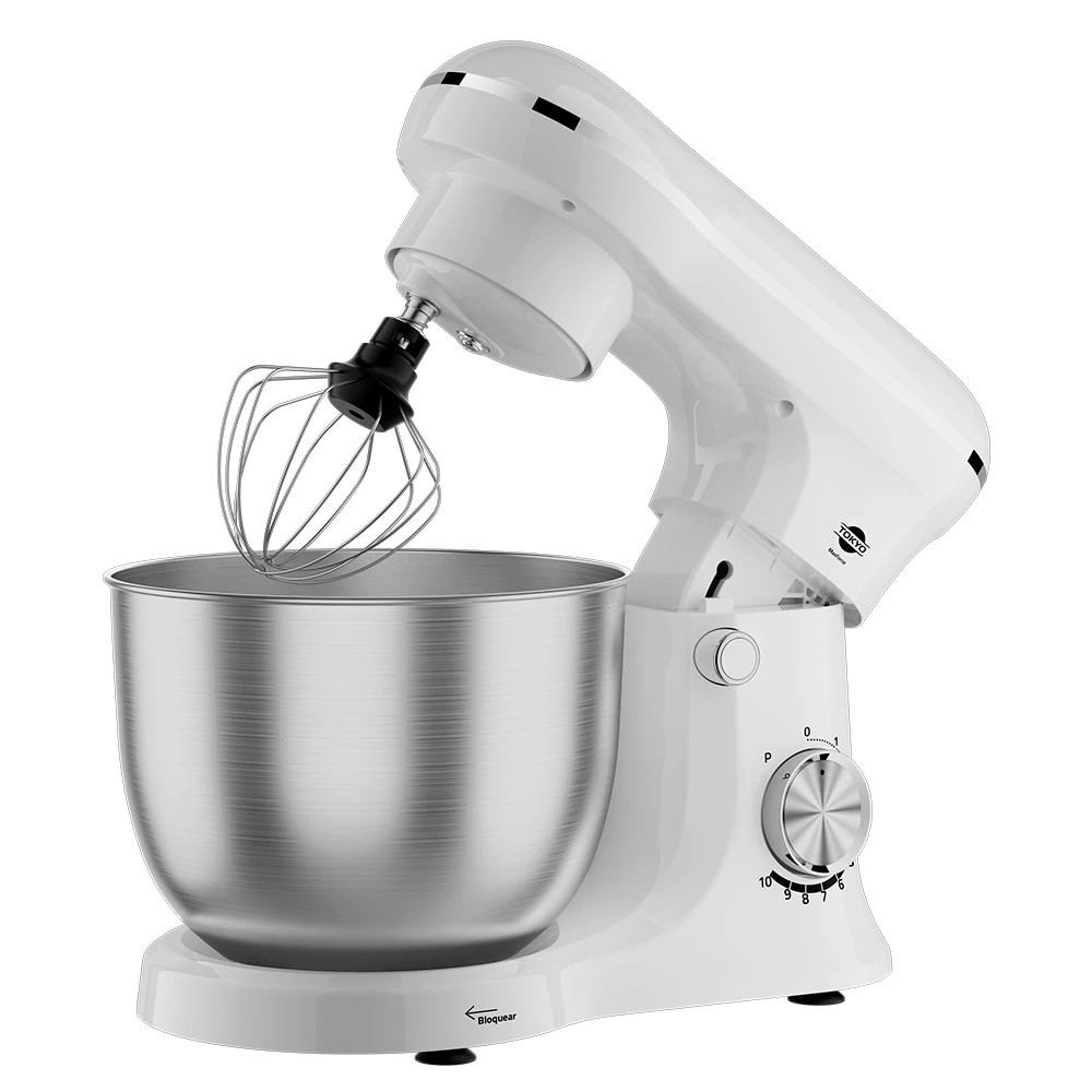 Batidora planetaria Tokyo MaxForce blanca con cabezal abatible, bowl metálico y controles frontales. - Vista 3