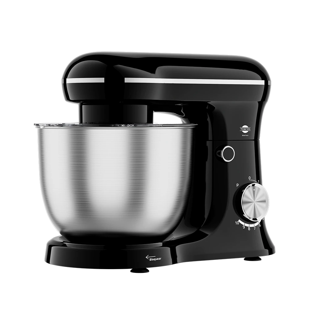 Batidora planetaria Tokyo MaxForce negra con cabezal abatible, bowl metálico y selector frontal graduado.