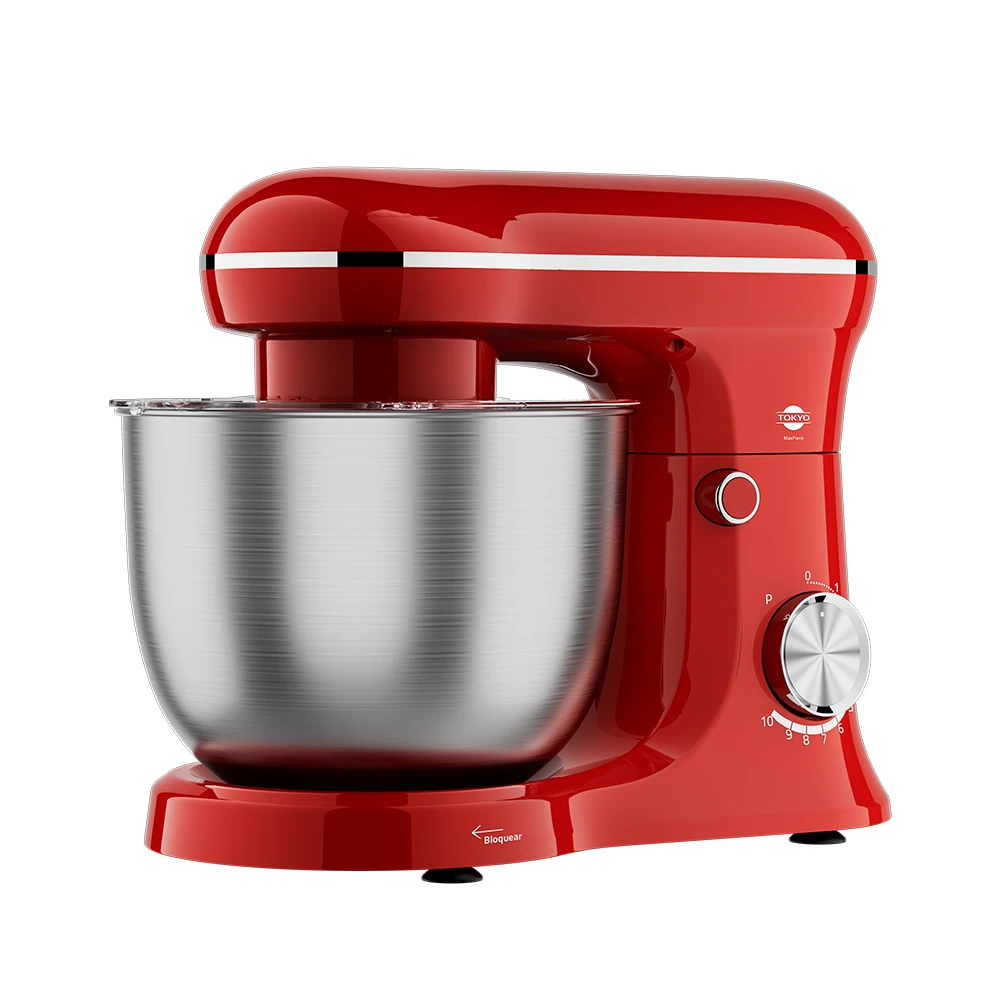 Batidora planetaria Tokyo MaxForce roja con cabezal abatible, bowl metálico y controles giratorios frontales.