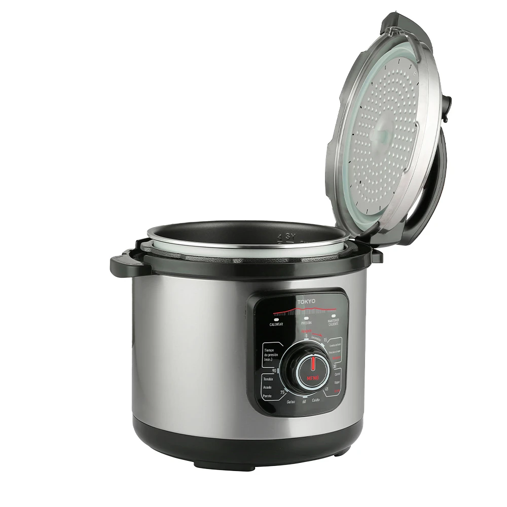 Olla a presión eléctrica plateada y negra con tapa superior y panel frontal de control mediante perilla. - Vista 2