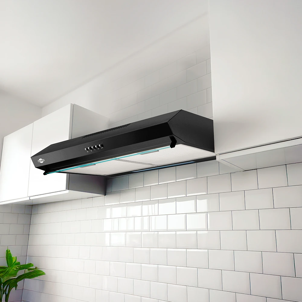 Campana extractora Tokyo Slim60 negra, con botones frontales, filtros metálicos de malla y luz LED en la parte inferior. - Vista 2