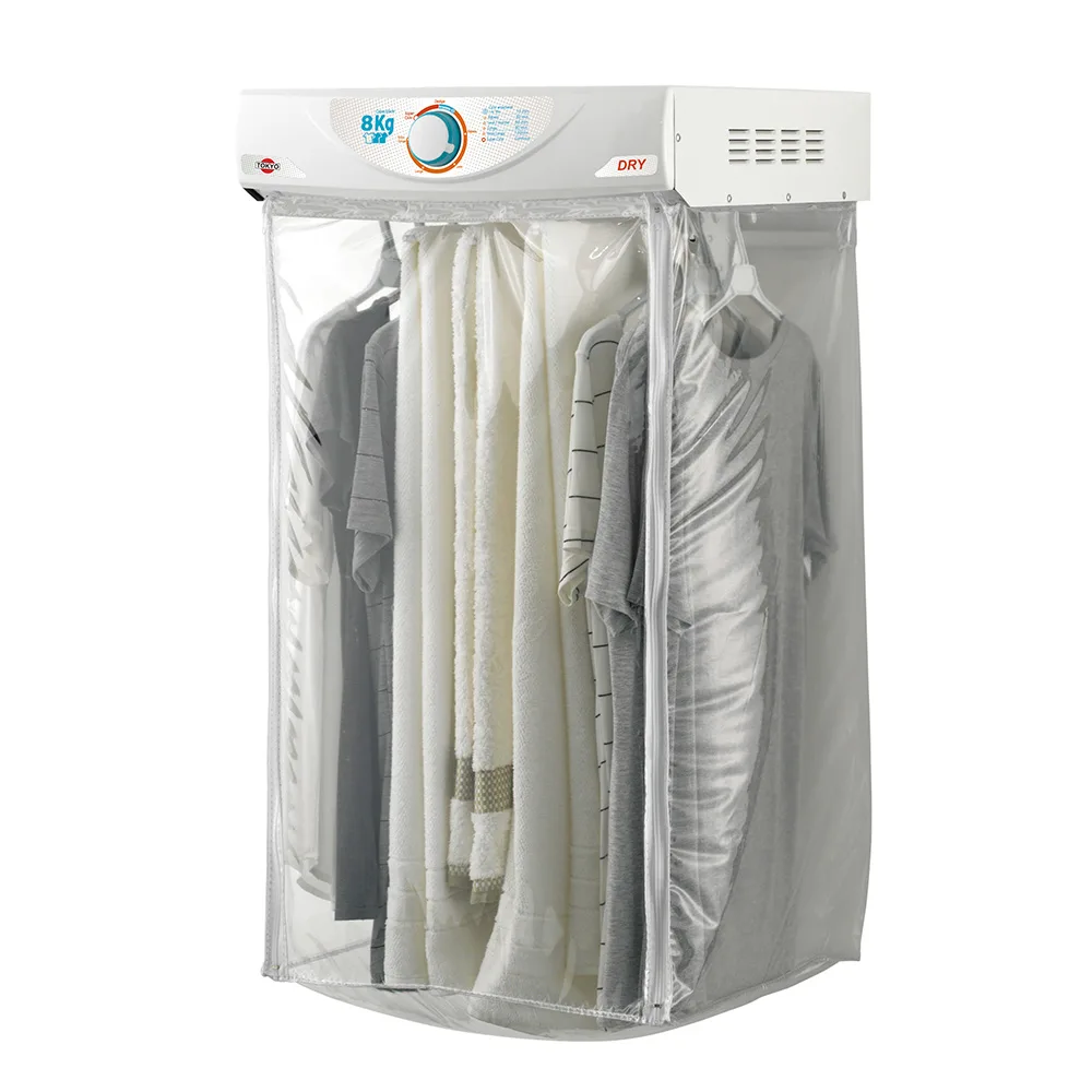 Secarropas colgante Tokyo blanco con cámara transparente con cierre, prendas colgadas, perilla superior y rejillas de ventilación.