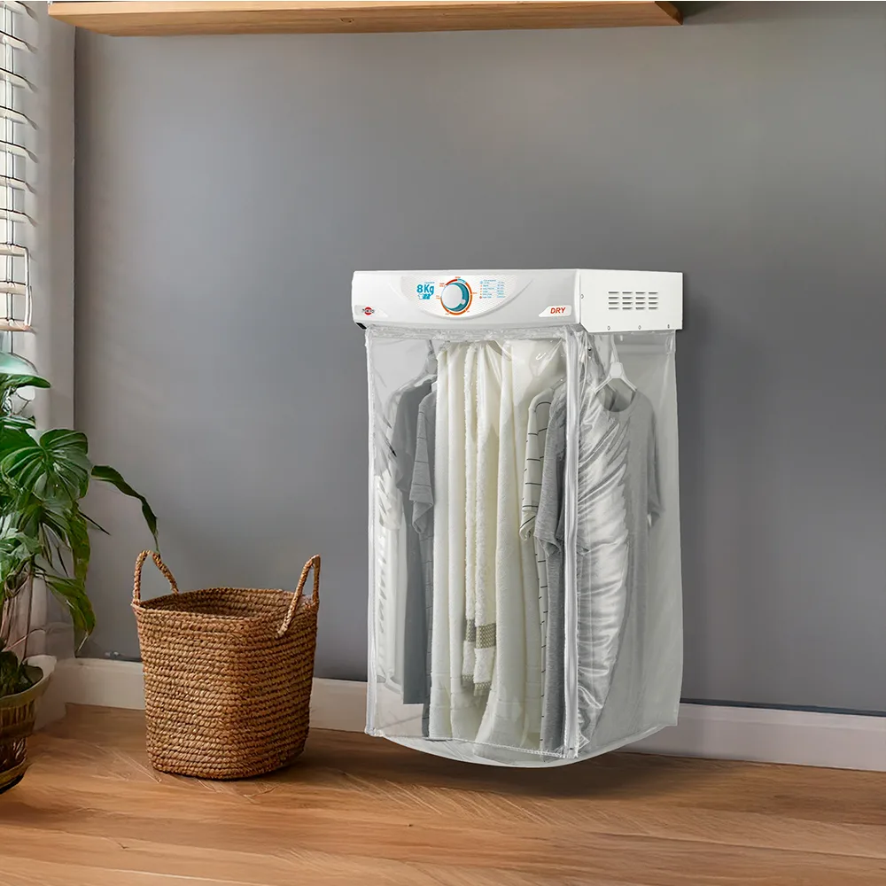 Secarropas colgante Tokyo blanco con cámara transparente con cierre, prendas colgadas, perilla superior y rejillas de ventilación. - Vista 2