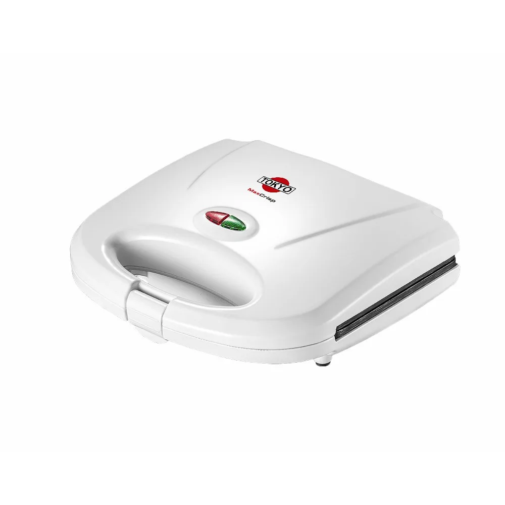 Sandwichera Tokyo Maxcrisp blanca con asa frontal, tapa cerrada y dos indicadores luminosos.
