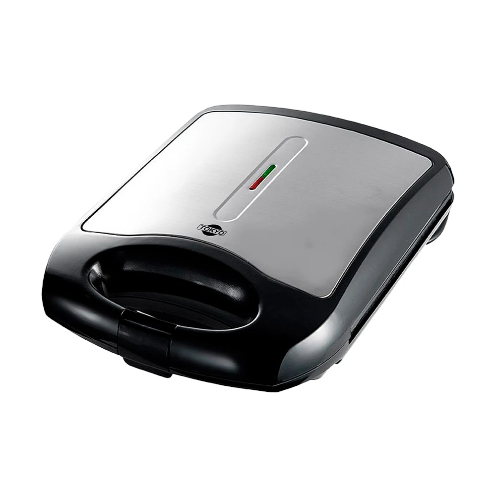 Sandwichera Tokyo T2903 con cuerpo negro, tapa plateada, indicador lineal y asa frontal con cierre.