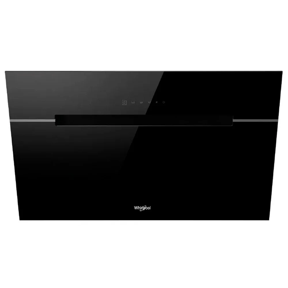 Campana extractora Whirlpool negra de pared, con frente inclinado de vidrio, chimenea vertical rectangular y franja de controles táctiles. - Vista 2
