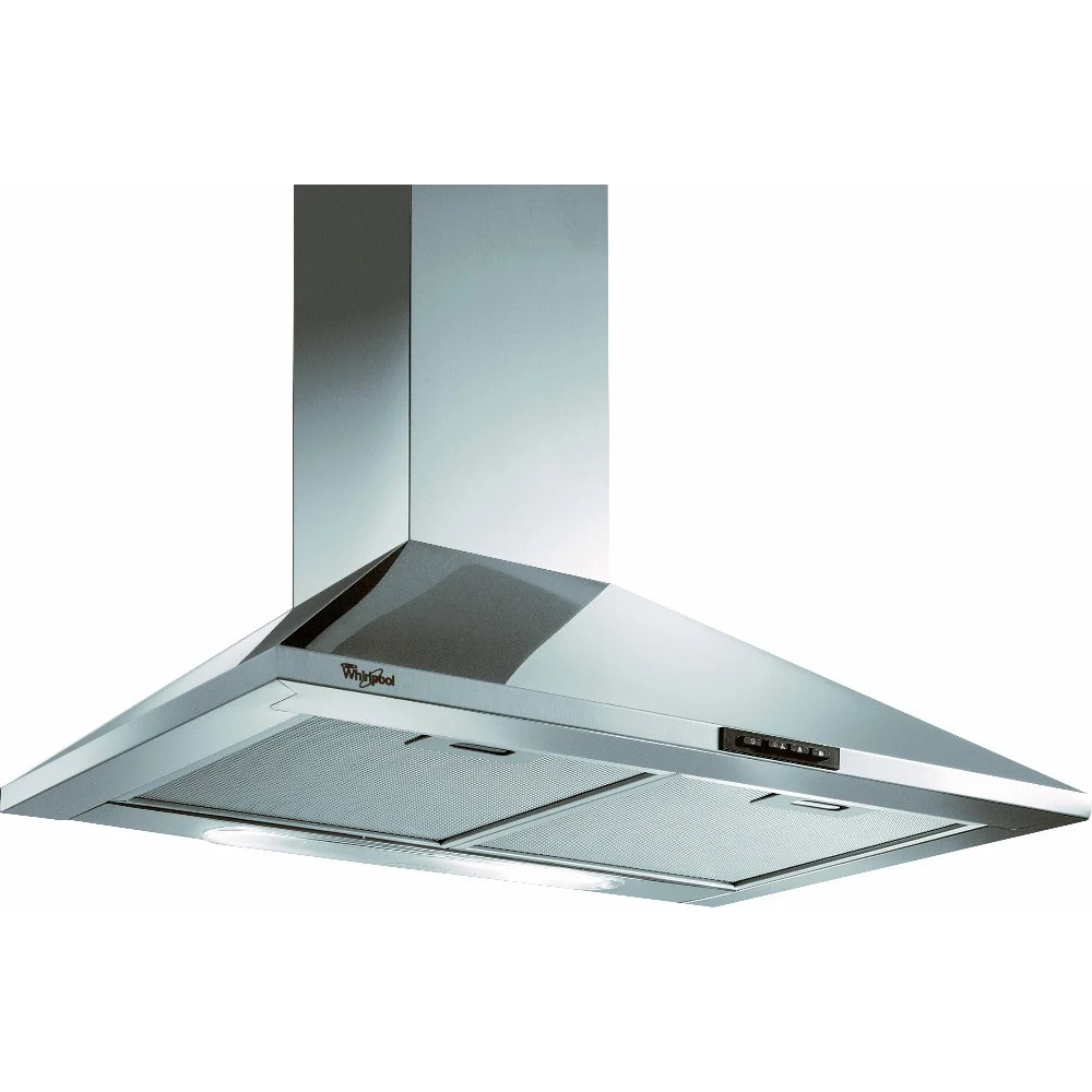 Campana extractora Whirlpool de pared tipo chimenea, con acabado metálico plateado, frente inclinado y dos filtros rectangulares inferiores.