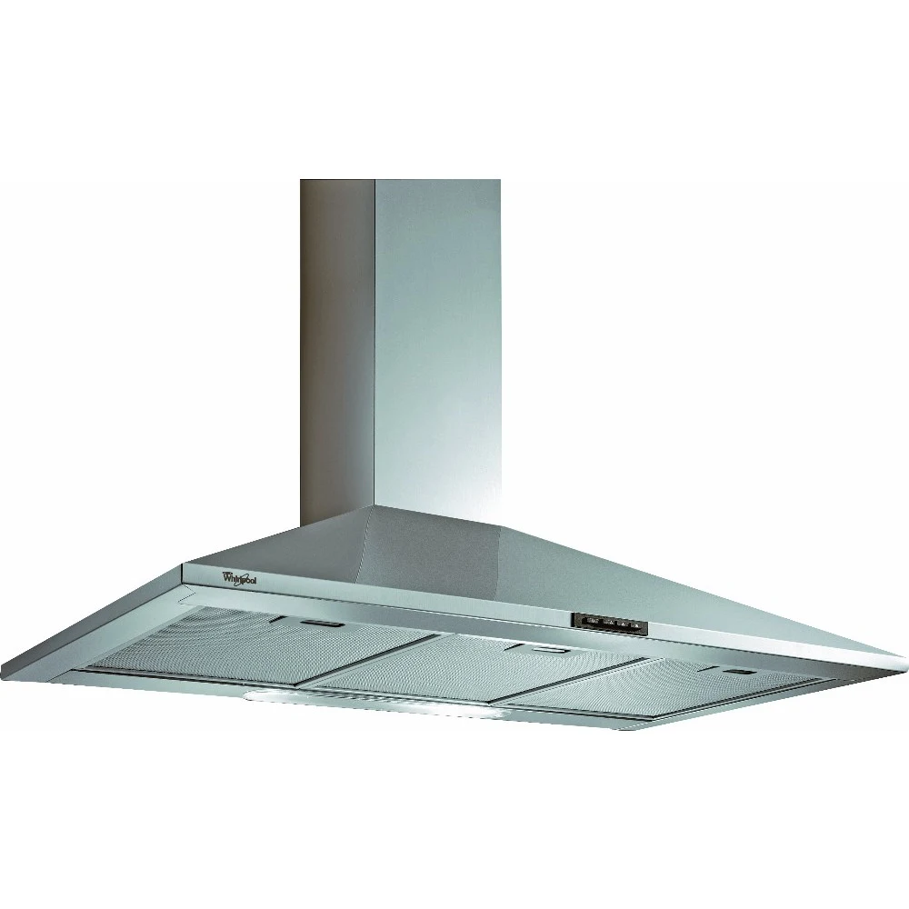 Campana extractora Whirlpool de pared tipo chimenea, acabado metálico, frente inclinado, tres filtros inferiores y controles en el borde frontal.
