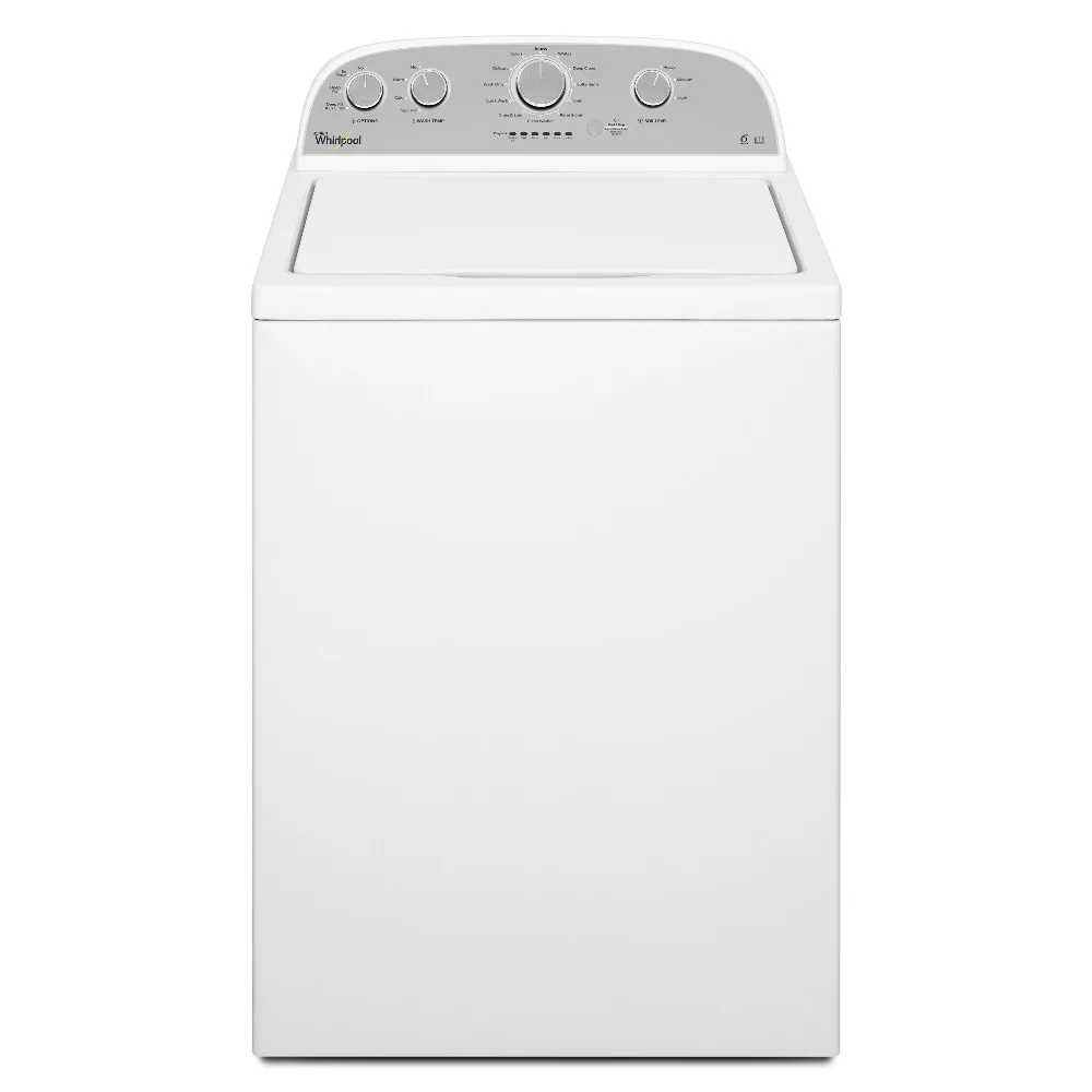 Lavarropas Whirlpool blanco de carga superior, con tapa horizontal y panel posterior de cuatro perillas.