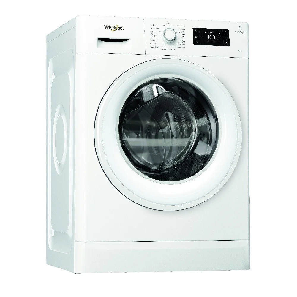 Lavarropas Whirlpool blanco de carga frontal, con puerta circular de vidrio oscuro y panel superior con selector y pantalla.