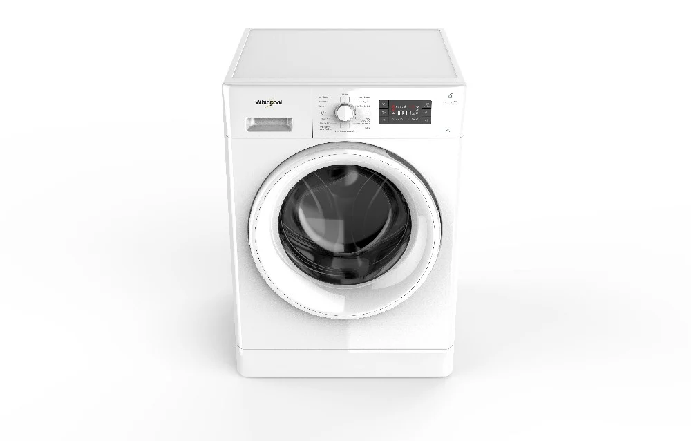 Lavarropas Whirlpool blanco de carga frontal, con puerta circular de vidrio oscuro y panel superior con selector y pantalla. - Vista 2
