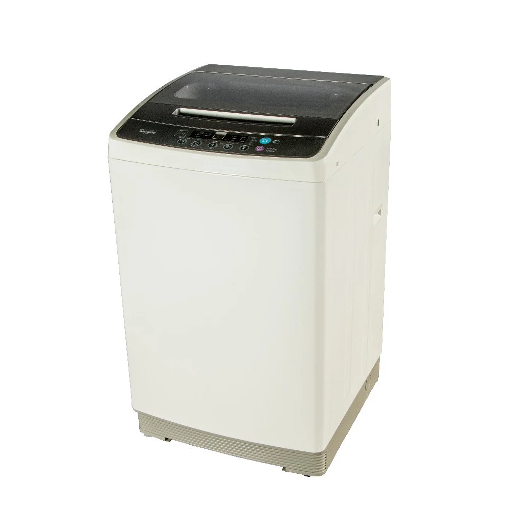 Lavarropas Whirlpool blanco de carga superior, con tapa oscura translúcida y panel de controles en la parte superior frontal.