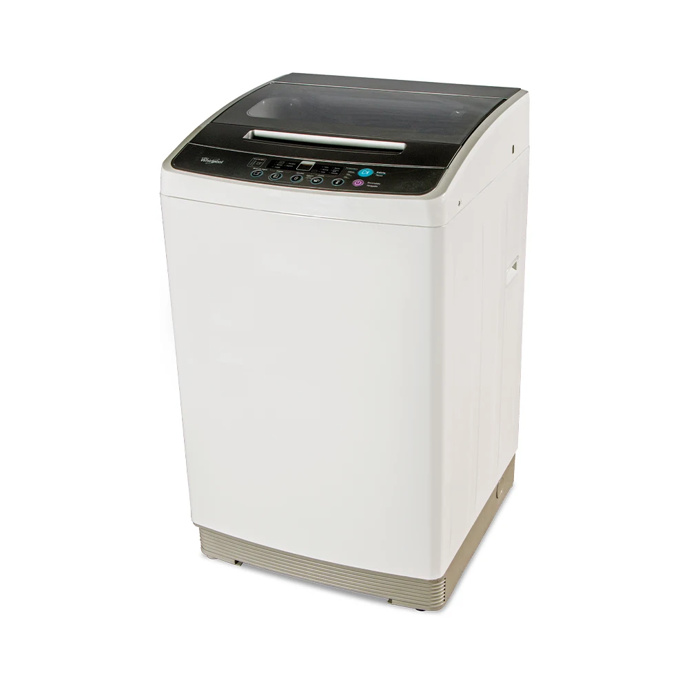 Lavarropas Whirlpool blanco de carga superior con tapa oscura translúcida y panel negro superior.