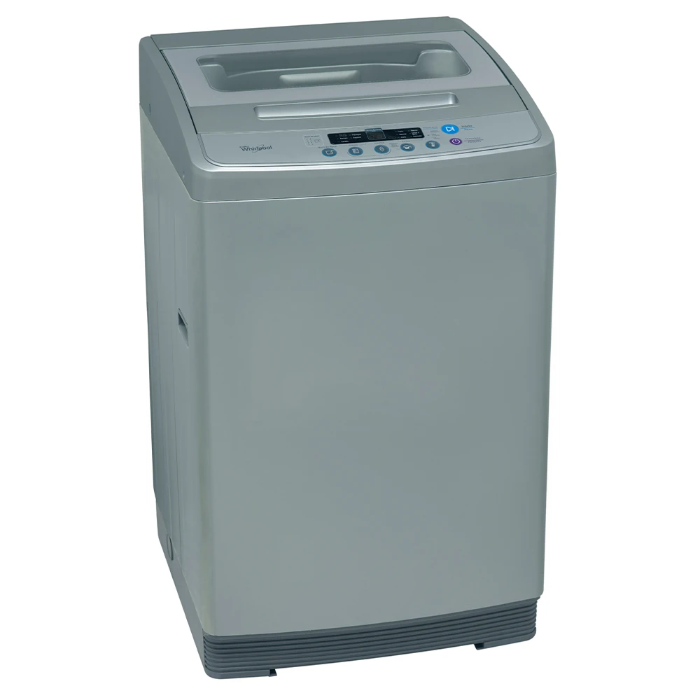 Lavarropas Whirlpool plateado de carga superior con pantalla y controles en la parte trasera superior. - Vista 2