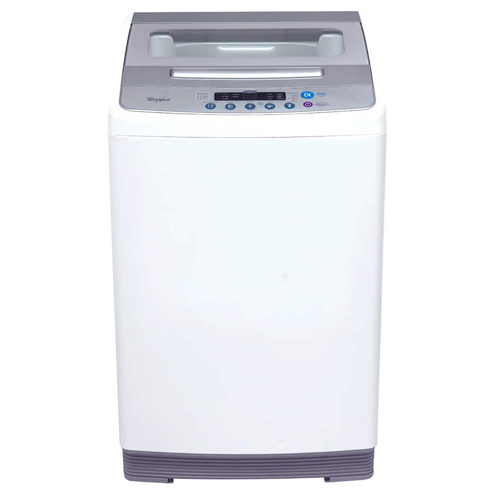 Lavarropas Whirlpool blanco de carga superior con tapa y panel de controles grises en la parte superior.