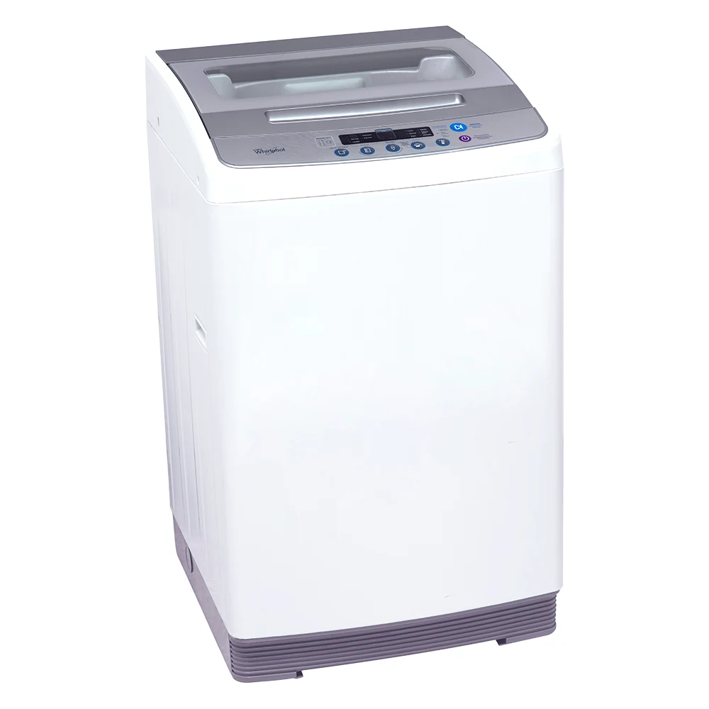 Lavarropas Whirlpool blanco de carga superior con tapa y panel de controles grises en la parte superior. - Vista 2