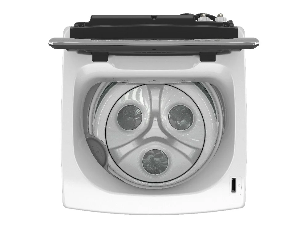 Lavarropas Whirlpool blanco de carga superior, con tapa oscura translúcida y controles en el borde frontal superior. - Vista 2