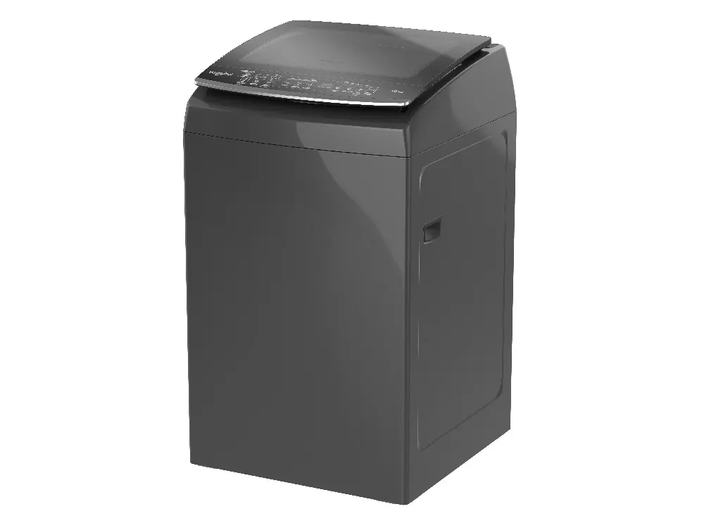 Lavarropas Whirlpool de carga superior gris oscuro/silver, con tapa oscura y controles en el borde frontal.
