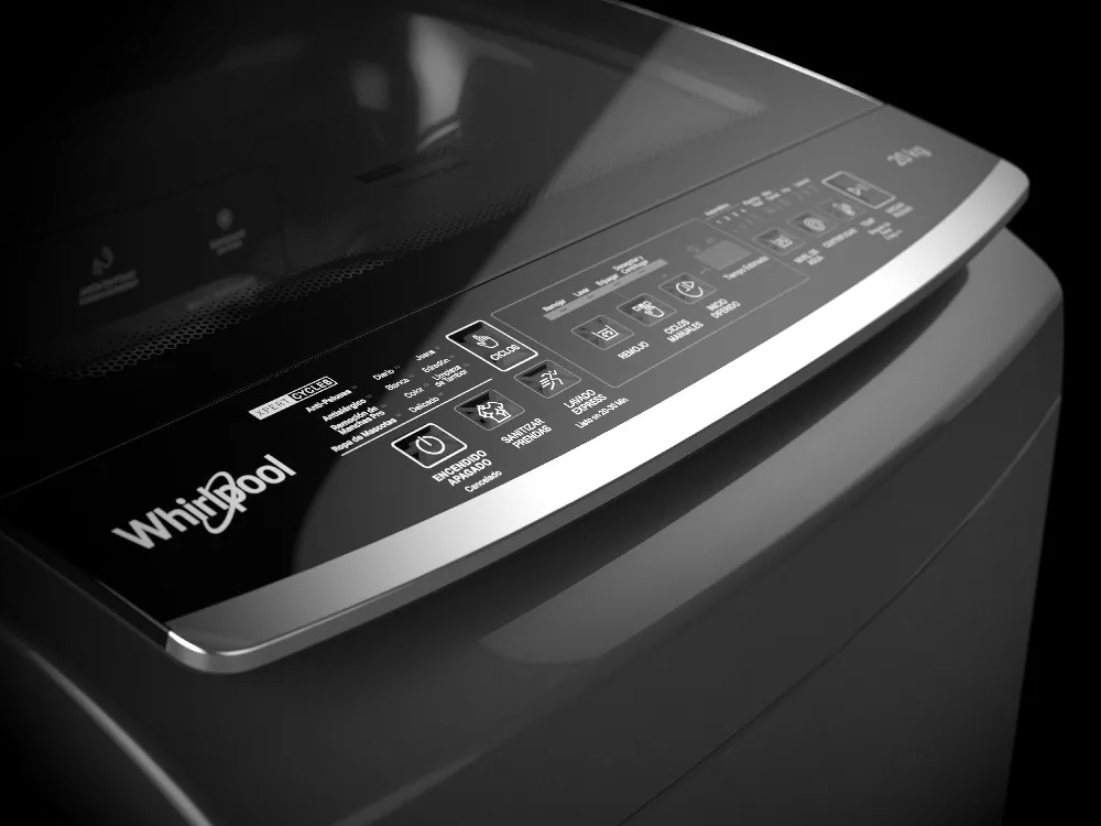 Lavarropas Whirlpool de carga superior gris oscuro/silver, con tapa oscura y controles en el borde frontal. - Vista 2