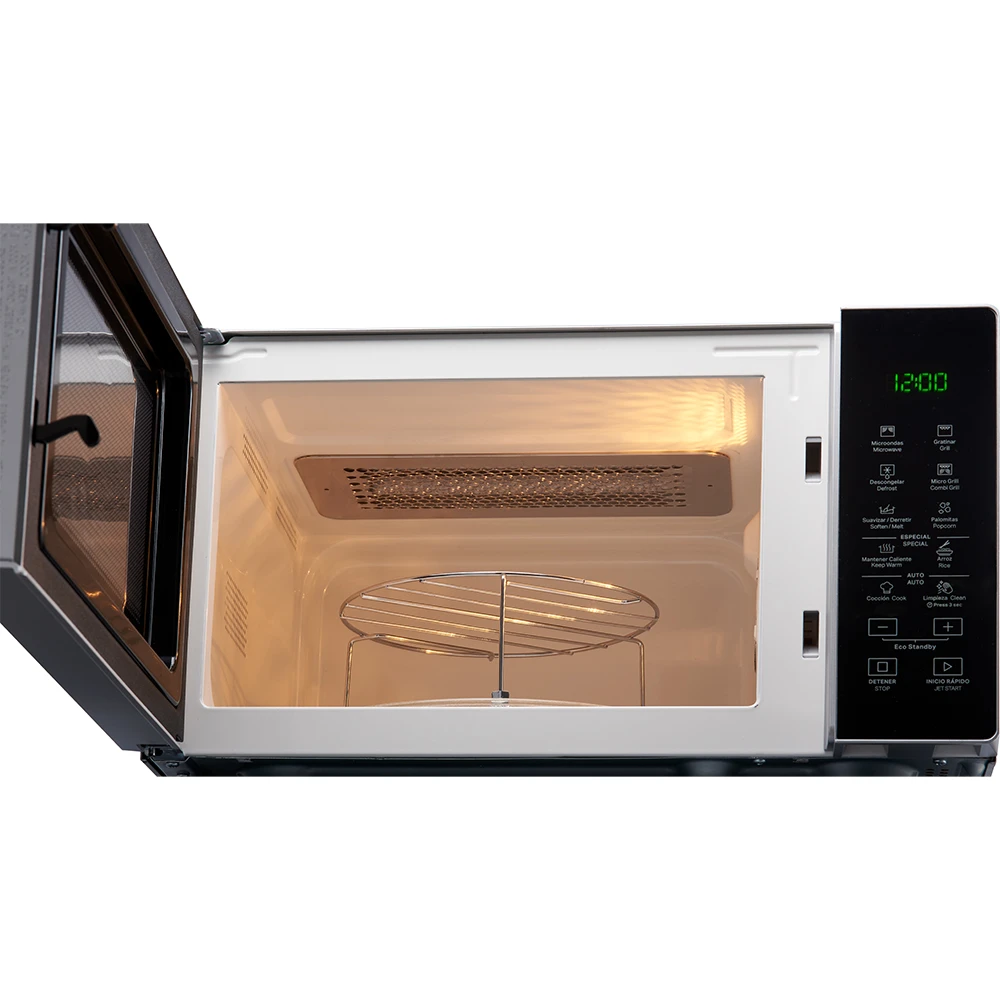 Microondas Whirlpool Silver de 25 L con frente oscuro espejado, panel digital y rejilla metálica para grill. - Vista 3