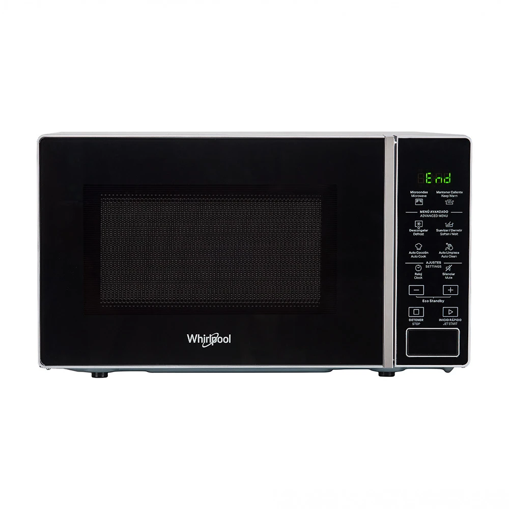 Microondas Whirlpool negro de 30 L con frente oscuro, panel digital táctil, rejilla metálica y plato giratorio de vidrio.