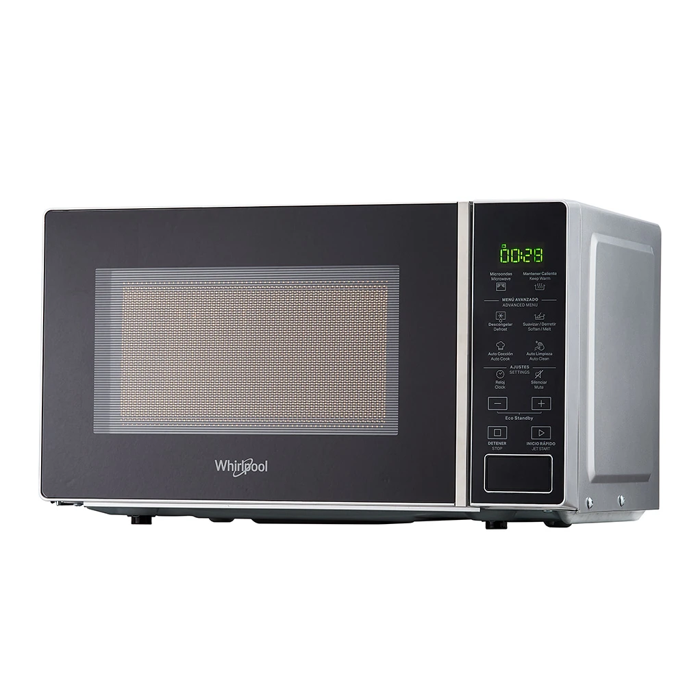 Microondas Whirlpool negro de 30 L con frente oscuro, panel digital táctil, rejilla metálica y plato giratorio de vidrio. - Vista 2